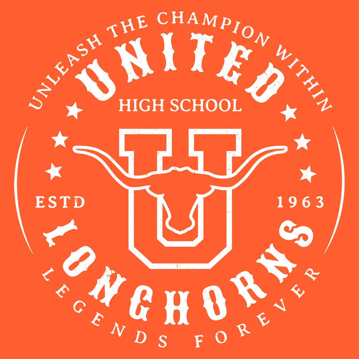 Close-up view of United High School Longhorns Orange Classic Unisex T-shirt 214