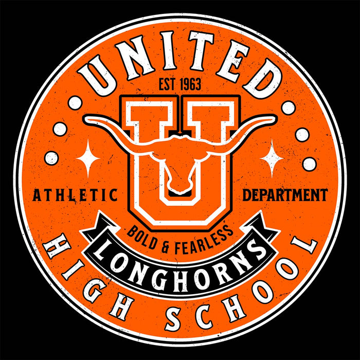 Close-up view of United High School Longhorns Black Classic Unisex T-shirt 215