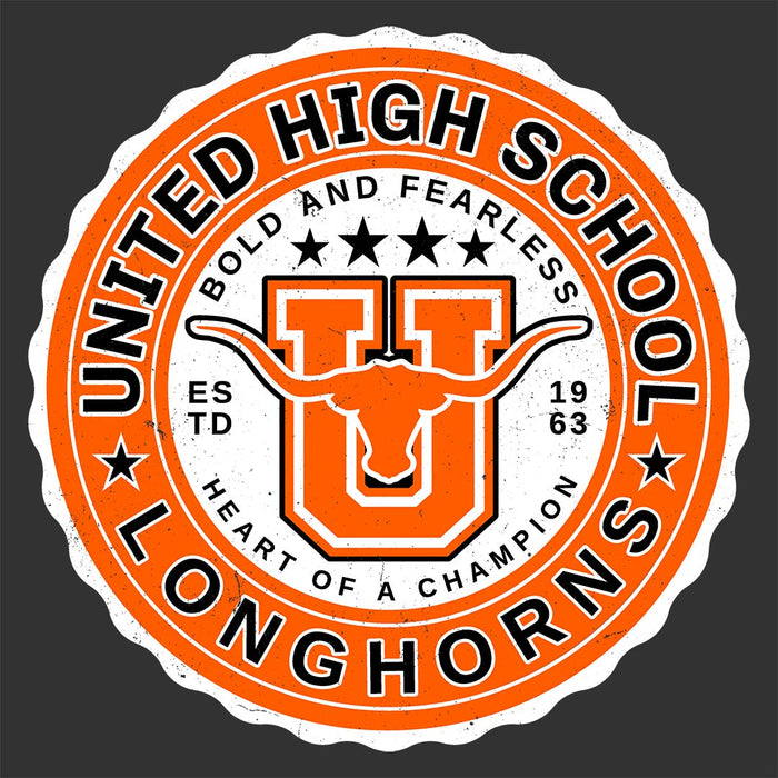 Close-up view of United High School Longhorns Women's Dark Grey T-shirt 216