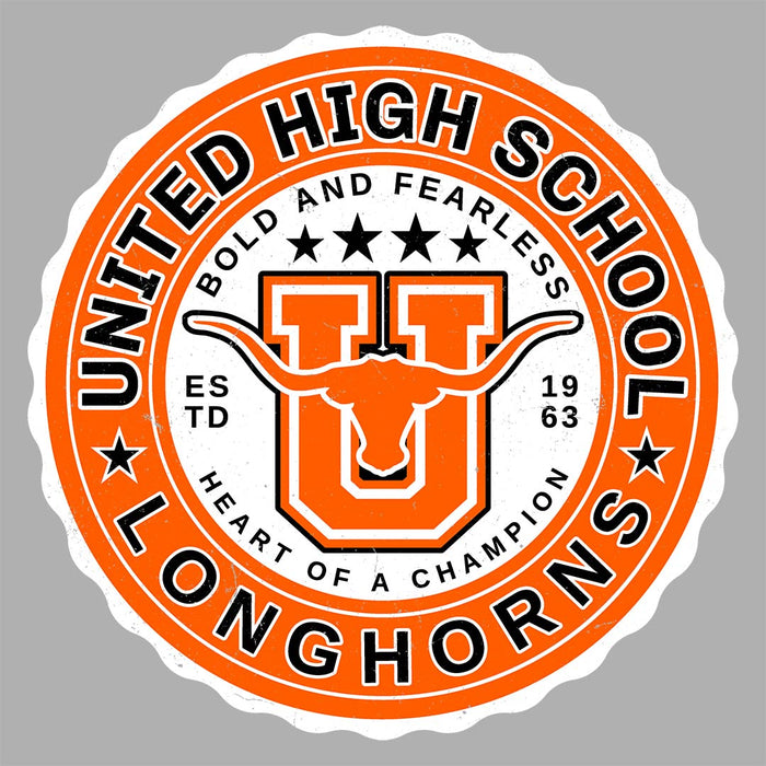 Close-up view of United High School Longhorns Unisex 3/4 sleeve Raglan T-shirt 216