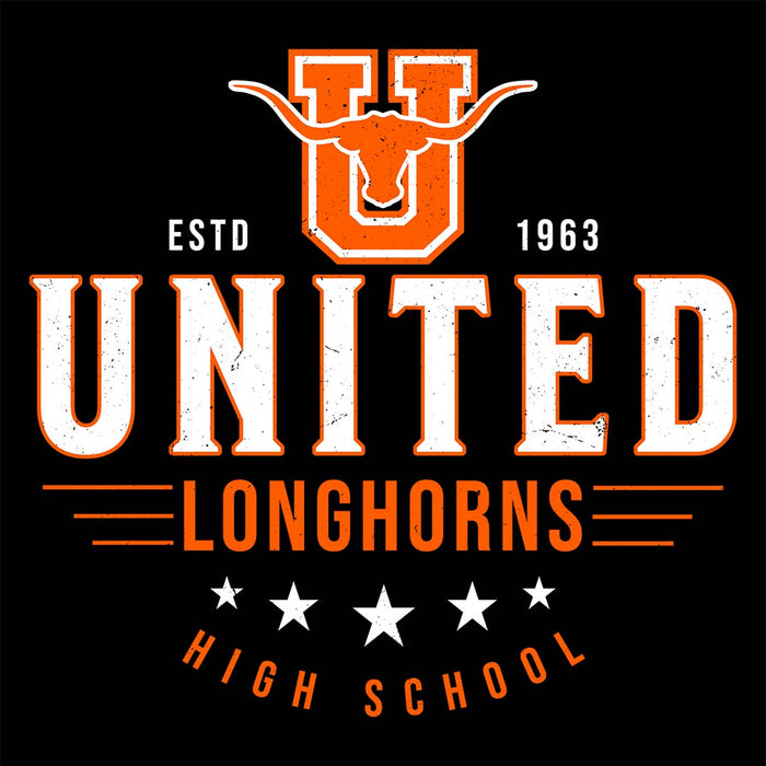 Close-up view of United High School Longhorns Women's Black T-shirt 217