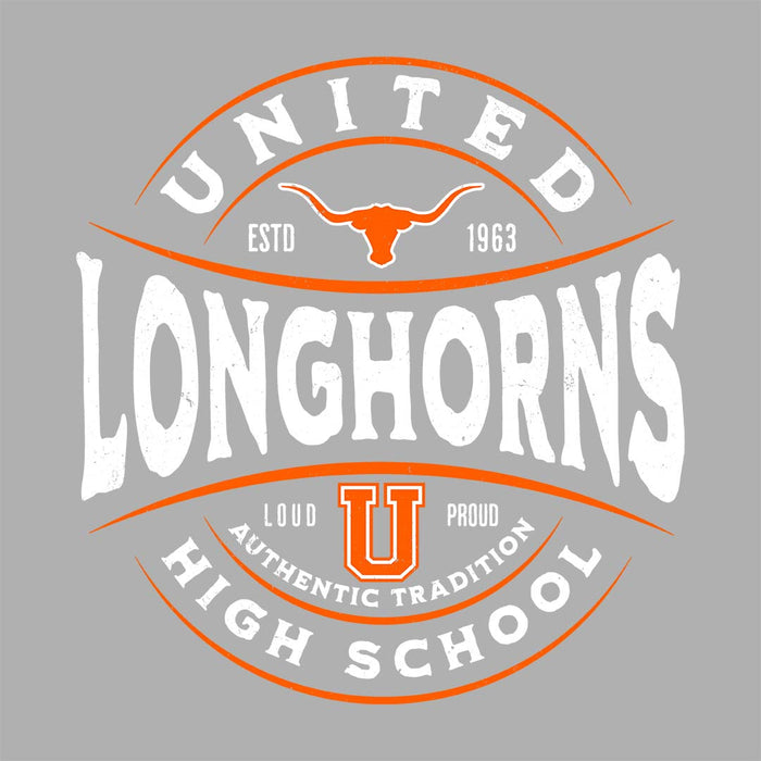 Close-up view of United High School Longhorns Women's Grey T-shirt 218