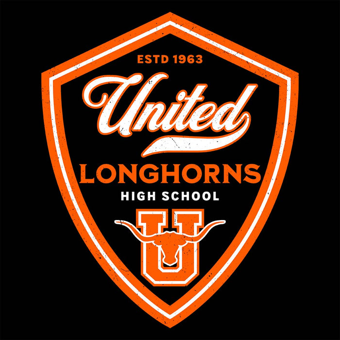 Close-up view of United High School Longhorns Black Classic Unisex T-shirt 225