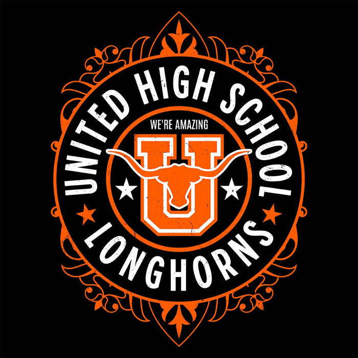 Close-up view of United High School Longhorns Women's Black T-shirt 227