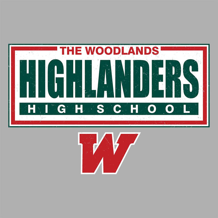 Close-up view of The Woodlands High School Highlanders Athletic Grey Women's T-shirt 049