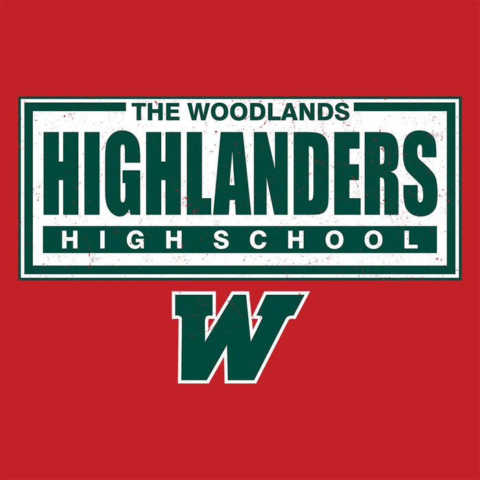 Close-up view of The Woodlands High School Highlanders Red Classic Unisex T-shirt 049