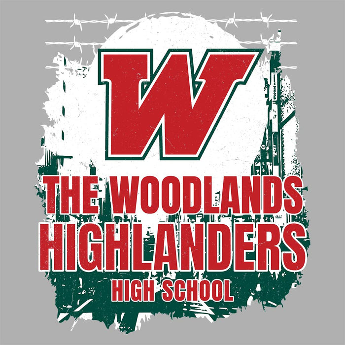 Close-up view of The Woodlands High School Highlanders Athletic Grey Women's T-shirt 201