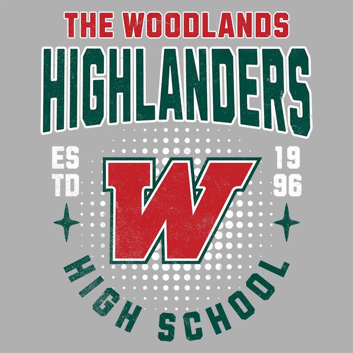 Close-up of The Woodlands High School Highlanders Unisex 3/4 sleeve Raglan T-shirt 203