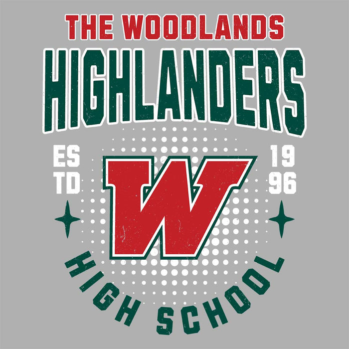 Close-up view of The Woodlands High School Highlanders Athletic Grey Women's T-shirt 203