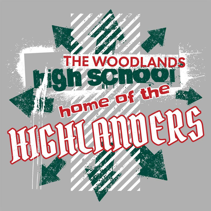 Close-up view of The Woodlands High School Highlanders Athletic Grey Women's T-shirt 205