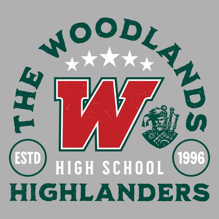 Close-up view of The Woodlands High School Highlanders Athletic Grey Women's T-shirt 207