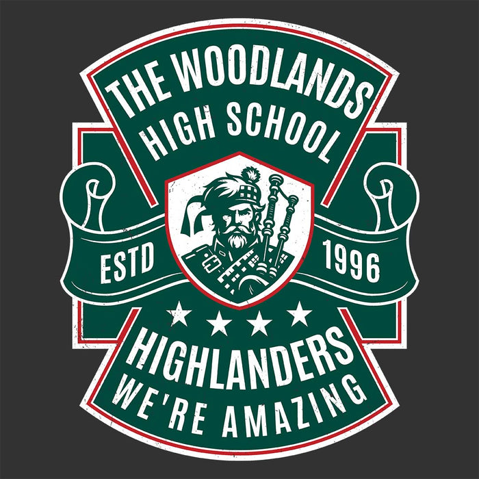 Close-up view of The Woodlands High School Highlanders Dark Grey Heather Women's T-shirt 208