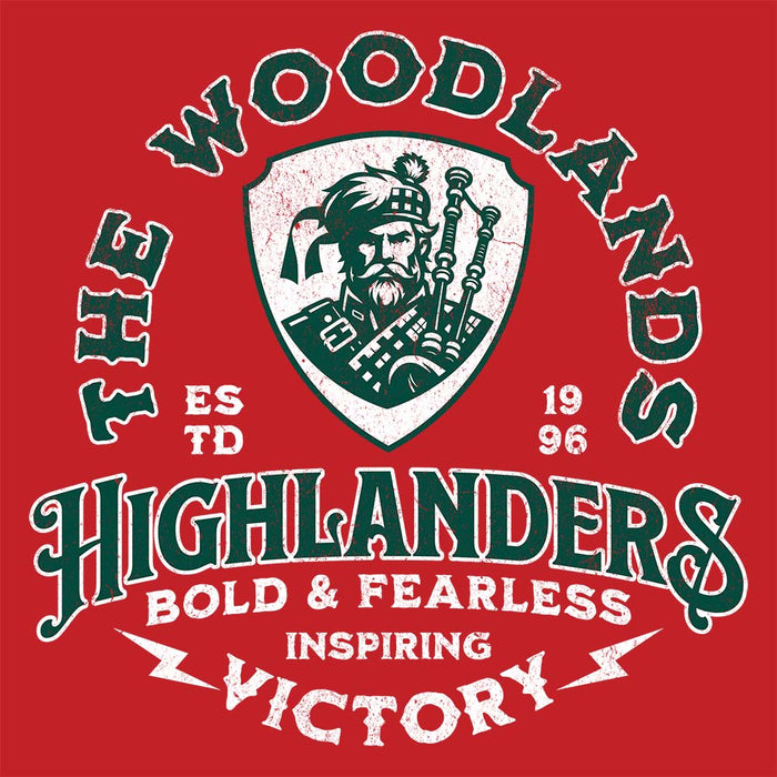 Close-up of The Woodlands High School Highlanders Red Classic Unisex Hoodie 209