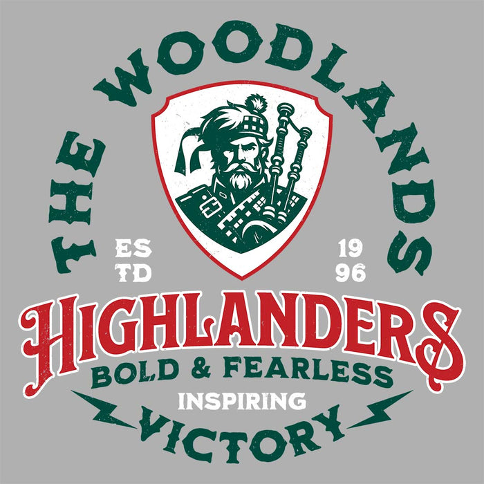 Close-up view of The Woodlands High School Highlanders Athletic Grey Women's T-shirt 209