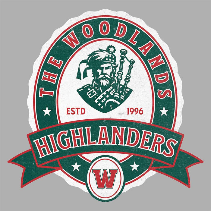 Close-up of The Woodlands High School Highlanders Unisex 3/4 sleeve Raglan T-shirt 210