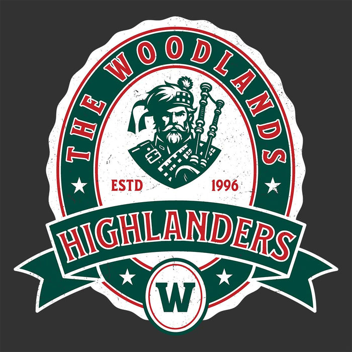 Close-up view of The Woodlands High School Highlanders Dark Grey Heather Women's T-shirt 210