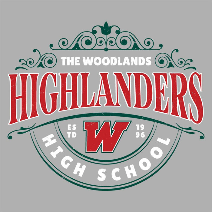 Close-up view of The Woodlands High School Highlanders Unisex 3/4 sleeve Raglan T-shirt 211