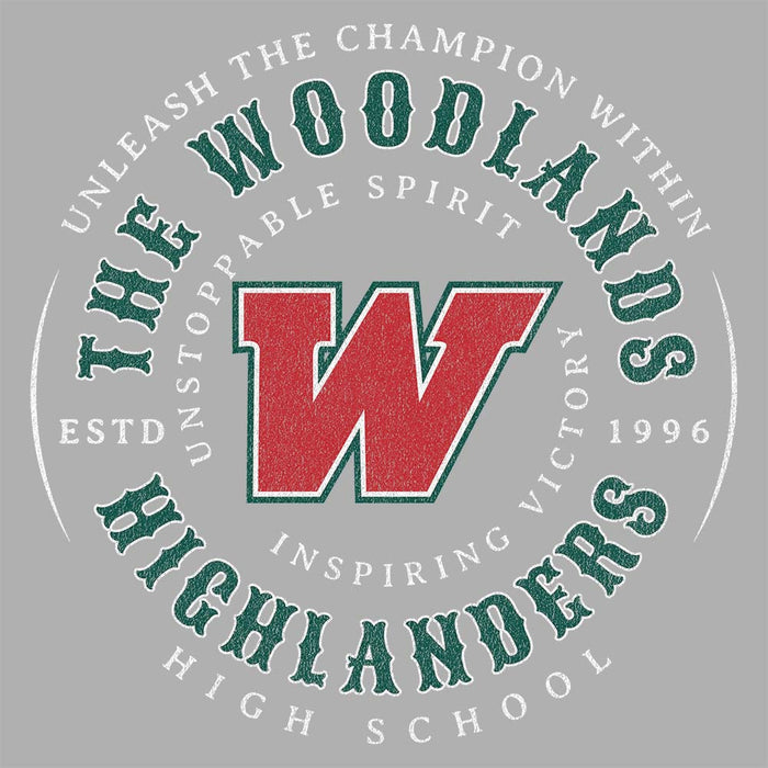 Close-up of The Woodlands High School Highlanders Unisex 3/4 sleeve Raglan T-shirt 213