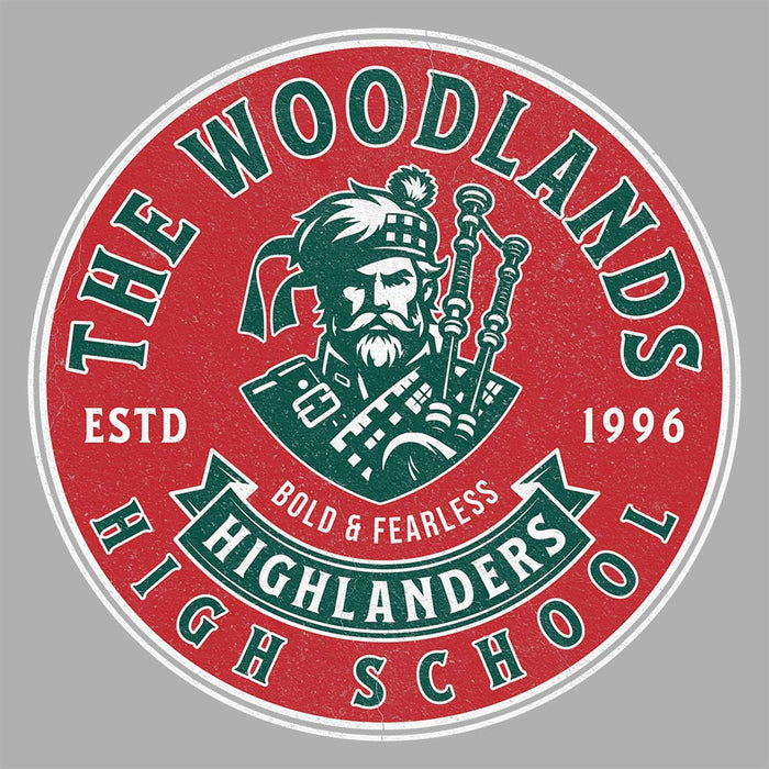 Close-up of The Woodlands High School Highlanders Unisex 3/4 sleeve Raglan T-shirt 214