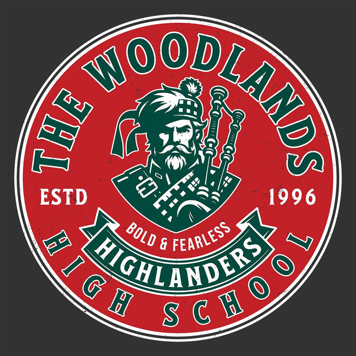 Close-up view of The Woodlands High School Highlanders Dark Grey Heather Women's T-shirt 214