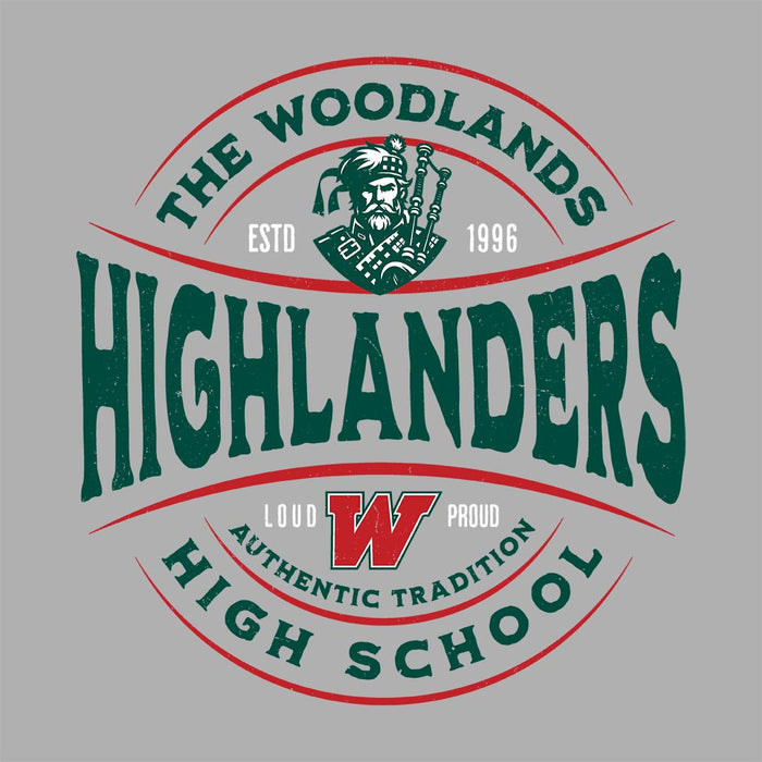 Close-up view of The Woodlands High School Highlanders Athletic Grey Women's T-shirt 217