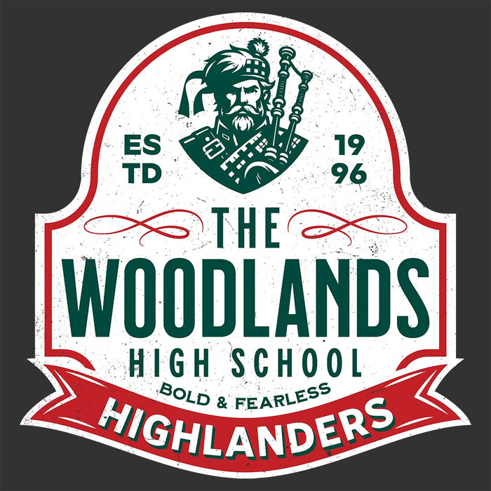 Close-up view of The Woodlands High School Highlanders Dark Grey Heather Women's T-shirt 218