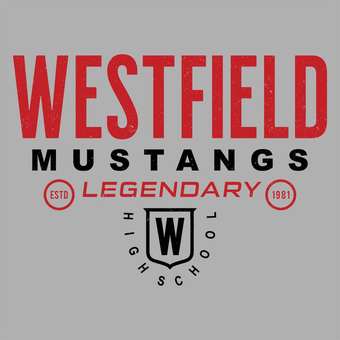 Close-up view of Westfield High School Mustangs Unisex 3/4 sleeve Raglan T-shirt 003