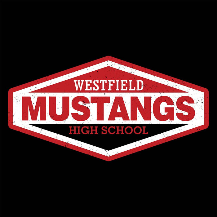 Close-up view of Westfield High School Mustangs Unisex 3/4 sleeve Raglan T-shirt 009