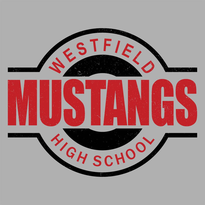 Close-up view of Westfield High School Mustangs Unisex 3/4 sleeve Raglan T-shirt 011