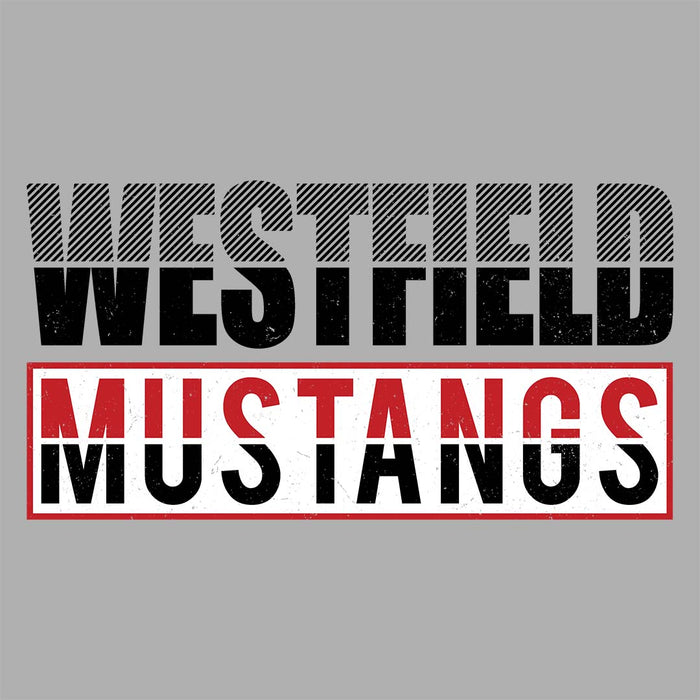 Close-up view of Westfield High School Mustangs Unisex 3/4 sleeve Raglan T-shirt 031