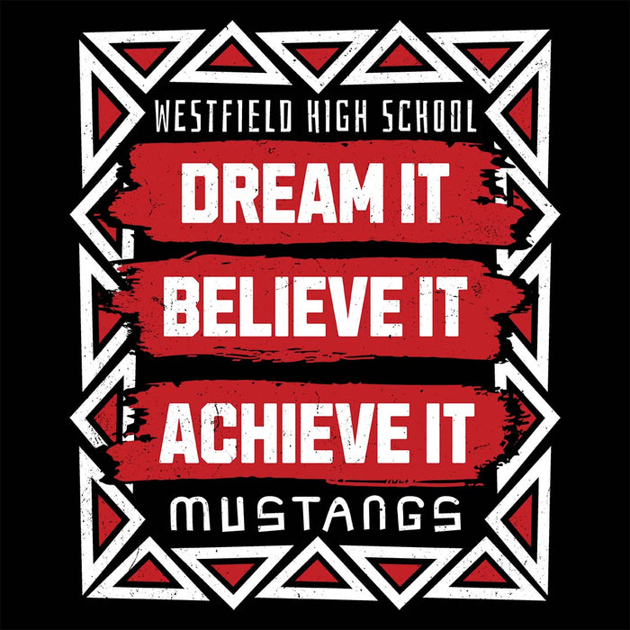 Close-up view of Westfield High School Mustangs Women's Black T-shirt 202