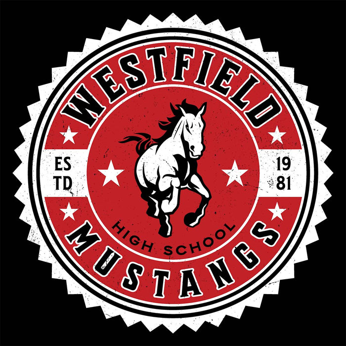 Close-up view of Westfield High School Mustangs Black Classic Unisex T-shirt 203