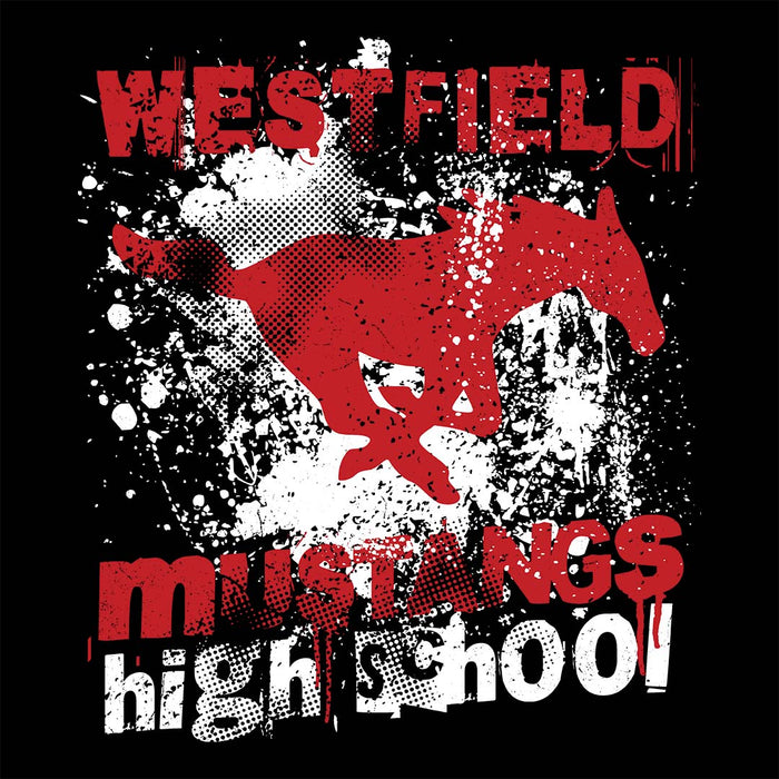 Close-up view of Westfield High School Mustangs Unisex 3/4 sleeve Raglan T-shirt 205