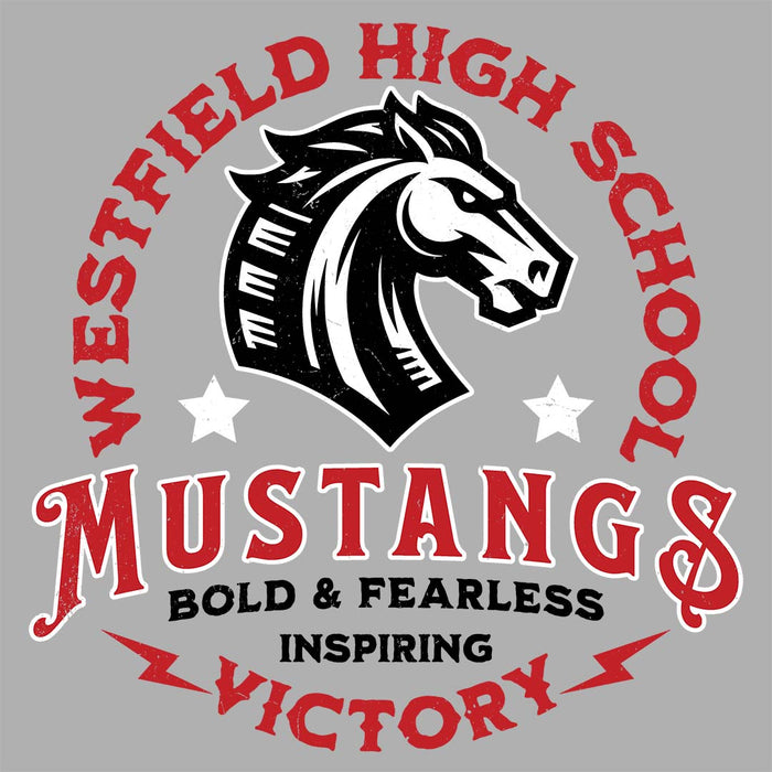 Close-up view of Westfield High School Mustangs Unisex 3/4 sleeve Raglan T-shirt 206