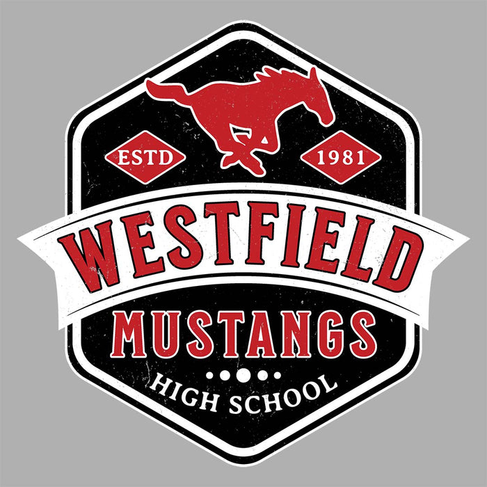 Close-up view of Westfield High School Mustangs Unisex 3/4 sleeve Raglan T-shirt 209