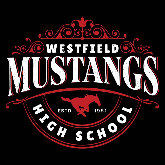 Close-up view of Westfield High School Mustangs Women's Black T-shirt 211