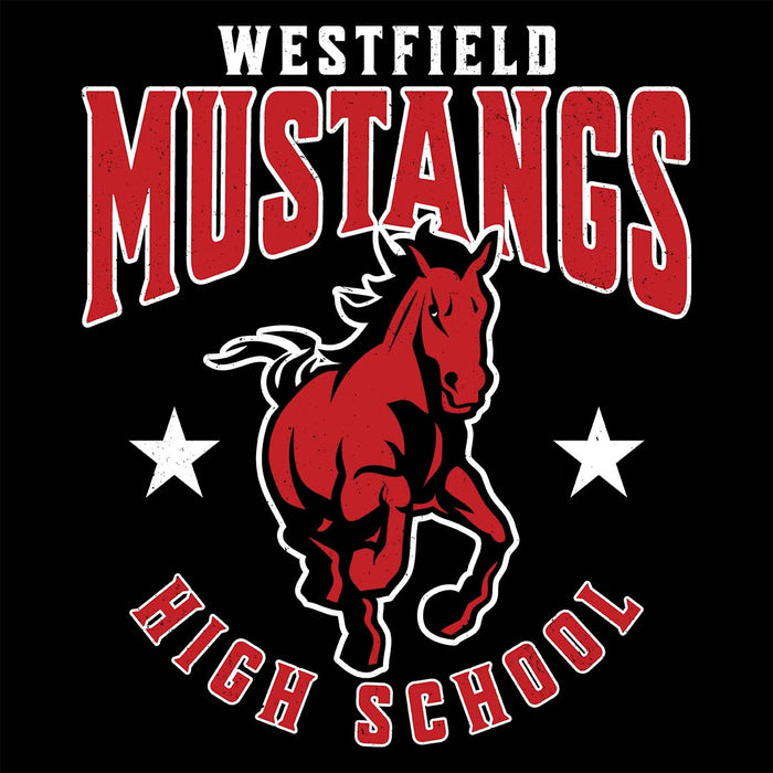 Close-up view of Westfield High School Mustangs Unisex 3/4 sleeve Raglan T-shirt 213