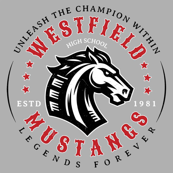 Close-up view of Westfield High School Mustangs Unisex 3/4 sleeve Raglan T-shirt 214