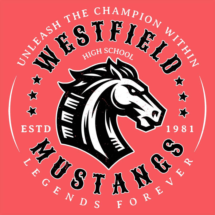 Close-up view of Westfield High School Mustangs Women's Heather Red T-shirt 214