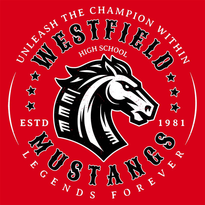 Close-up view of Westfield High School Mustangs Red Classic Unisex T-shirt 214