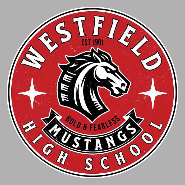 Close-up view of Westfield High School Mustangs Unisex 3/4 sleeve Raglan T-shirt 215