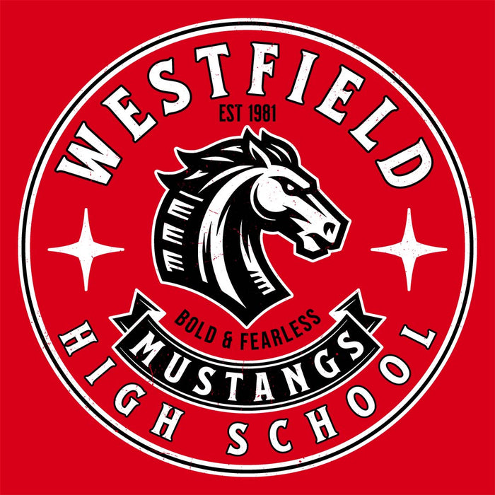 Close-up view of Westfield High School Mustangs Red Classic Unisex T-shirt 215