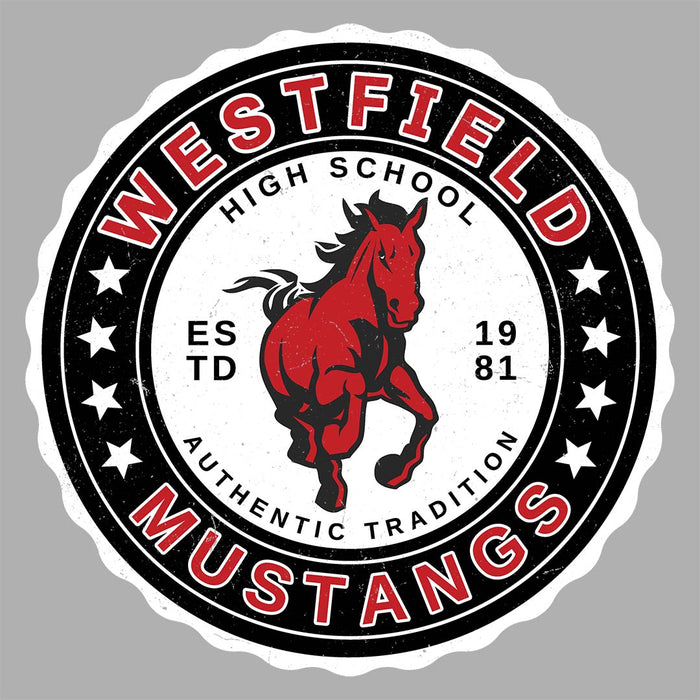 Close-up view of Westfield High School Mustangs Unisex 3/4 sleeve Raglan T-shirt 216