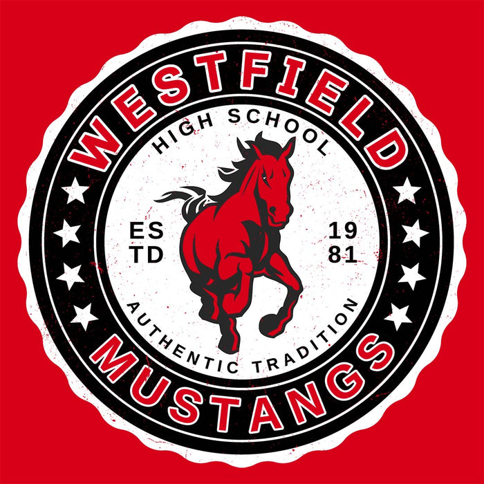 Close-up view of Westfield High School Mustangs Red Classic Unisex T-shirt 216