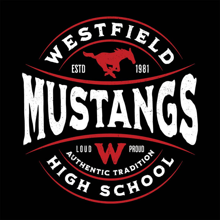 Close-up view o f Westfield High School Mustangs Women's Black T-shirt 218