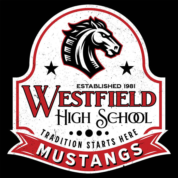 Close-up view of Westfield High School Mustangs Unisex 3/4 sleeve Raglan T-shirt 219