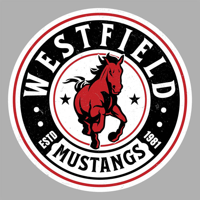 Close-up view of Westfield High School Mustangs Unisex 3/4 sleeve Raglan T-shirt 220