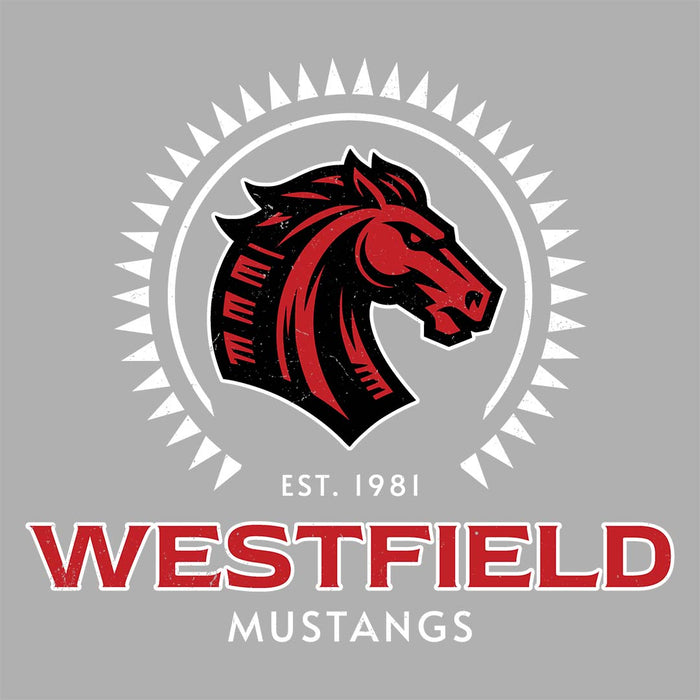 Close-up view of Westfield High School Mustangs Unisex 3/4 sleeve Raglan T-shirt 226