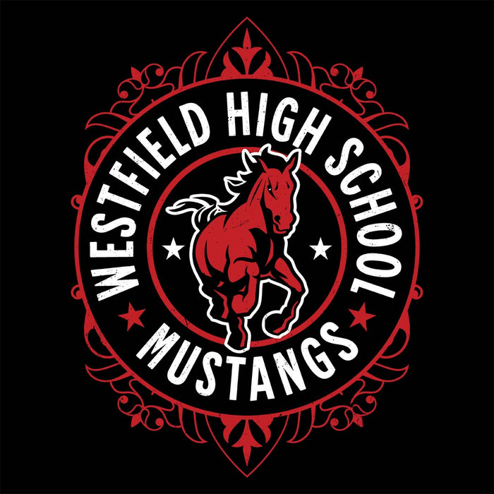 Close-up view of Westfield High School Mustangs Women's Black T-shirt 227