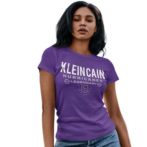 Woman wearing a Klein Cain High School Hurricanes Purple Women's T-shirt 03